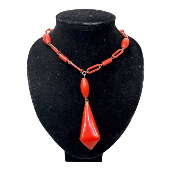 Antique 1920’s Art Deco Coral Geometric Celluloid Beads Flapper necklace Chain - Picture 1 of 5